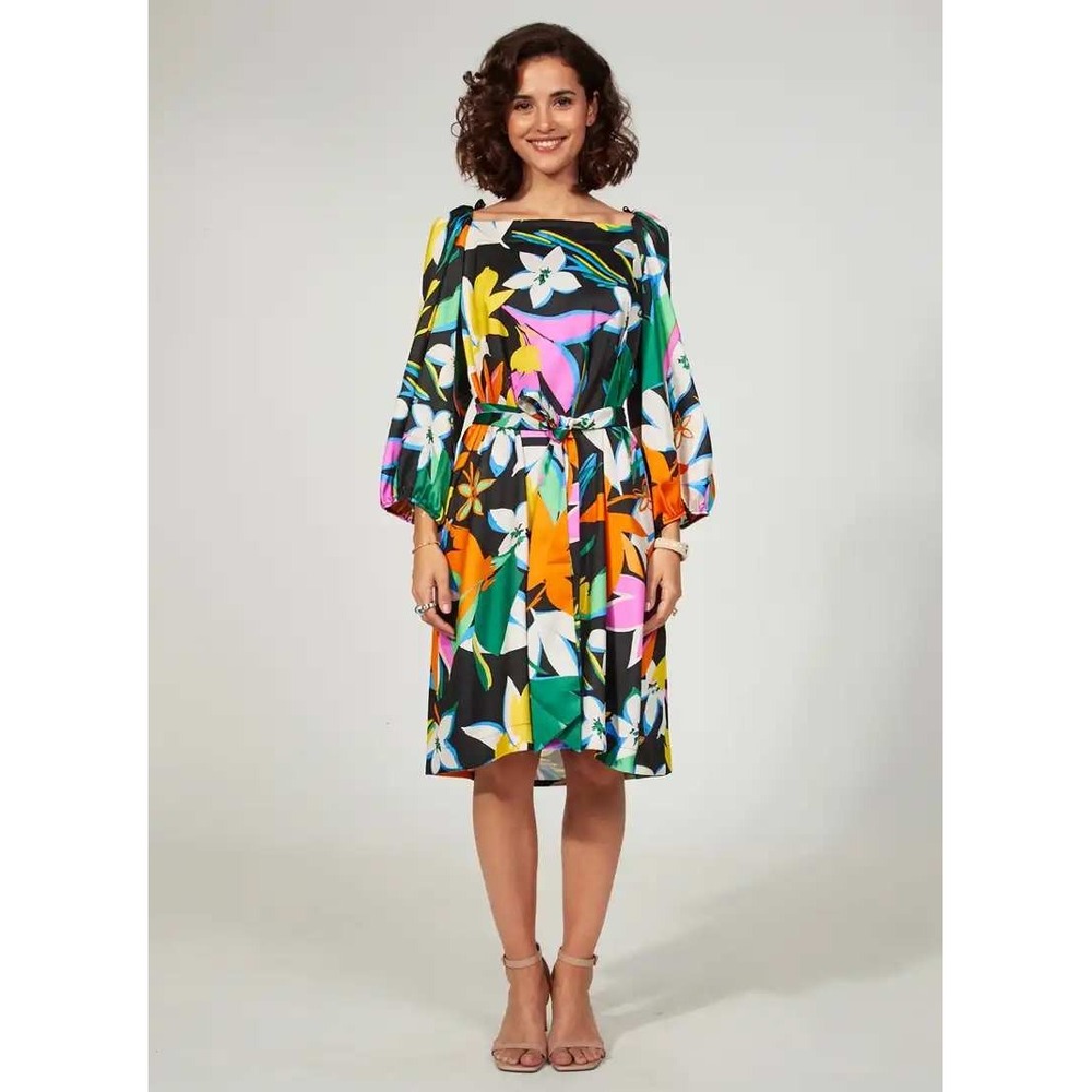 Joseph Ribkoff Satin Floral Puff Sleeve Belted Shift Dress NWT 12 Twee Mod Retro